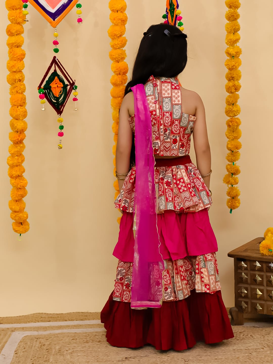 Halter neck mirror lesses gota lesses blouse with four layer lehenga with chunni Fabric.. Cotton n reyon lining attach