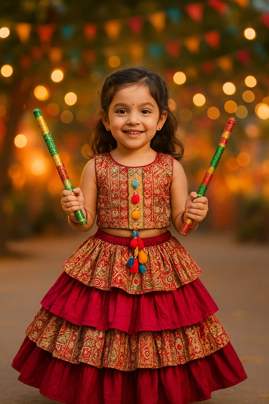 You're looking at a beautiful halter neck blouse with a four-layer lehenga and chunni for kids!