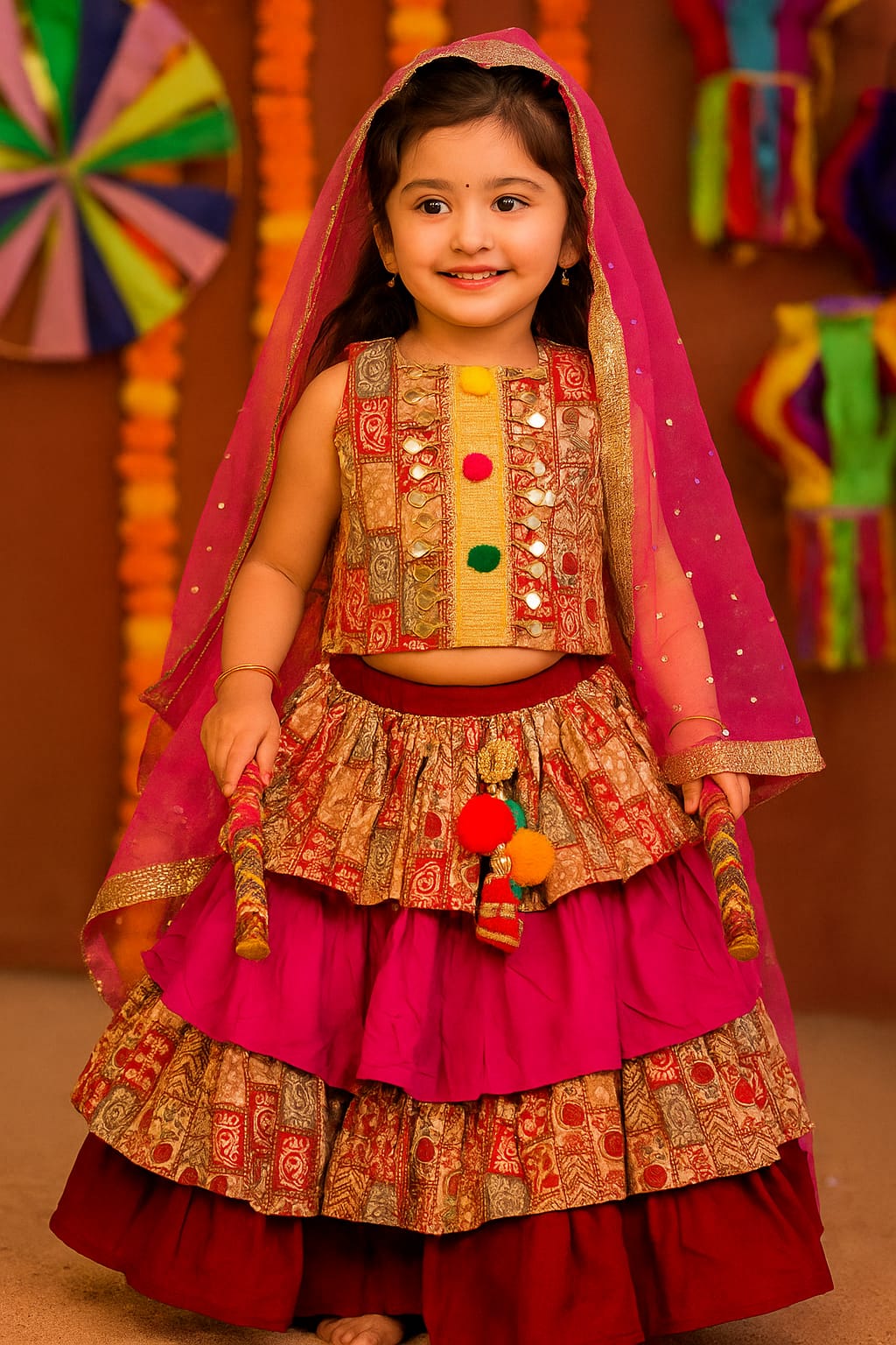 You're looking at a beautiful halter neck blouse with a four-layer lehenga and chunni for kids!