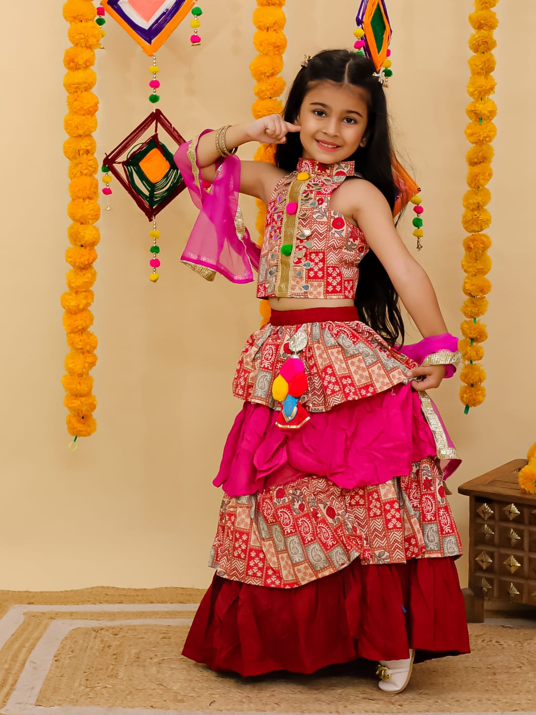 Halter neck mirror lesses gota lesses blouse with four &nbsp;layer lehenga with chunni Fabric.. Cotton n reyon lining attach