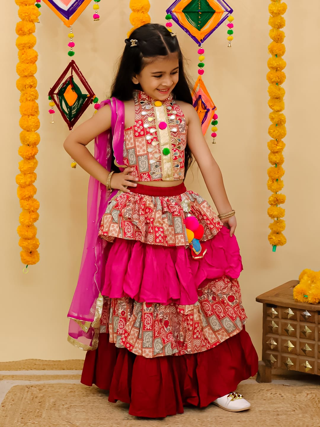 Halter neck mirror lesses gota lesses blouse with four &nbsp;layer lehenga with chunni Fabric.. Cotton n reyon lining attach