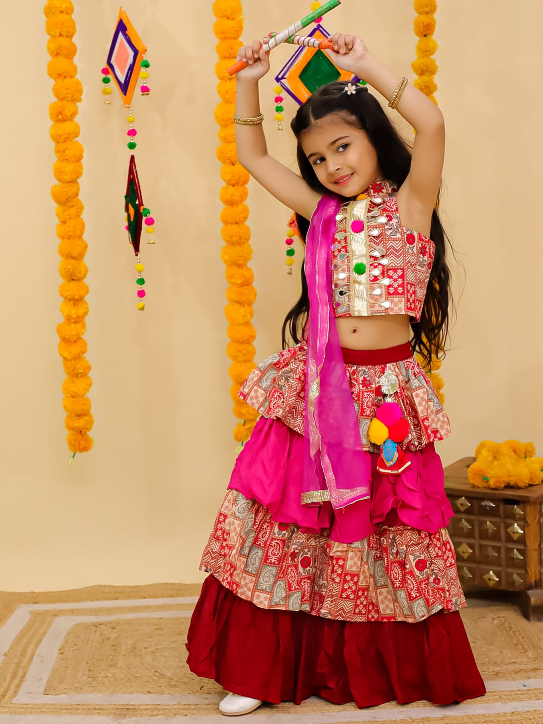 Halter neck mirror lesses gota lesses blouse with four &nbsp;layer lehenga with chunni Fabric.. Cotton n reyon lining attach