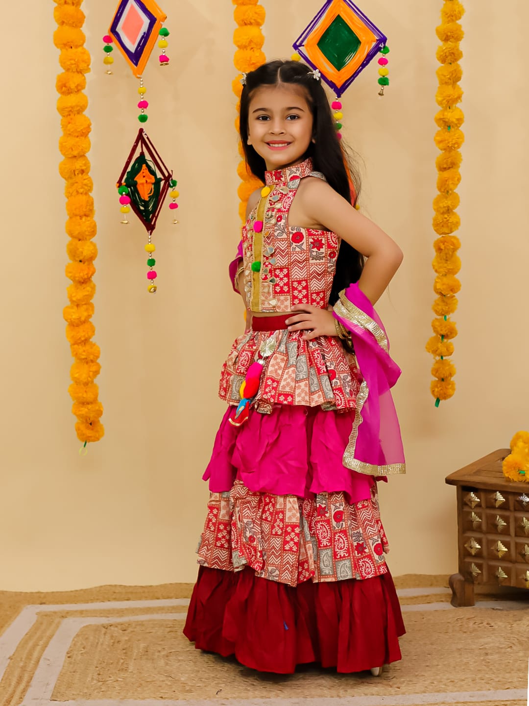 Halter neck mirror lesses gota lesses blouse with four &nbsp;layer lehenga with chunni Fabric.. Cotton n reyon lining attach