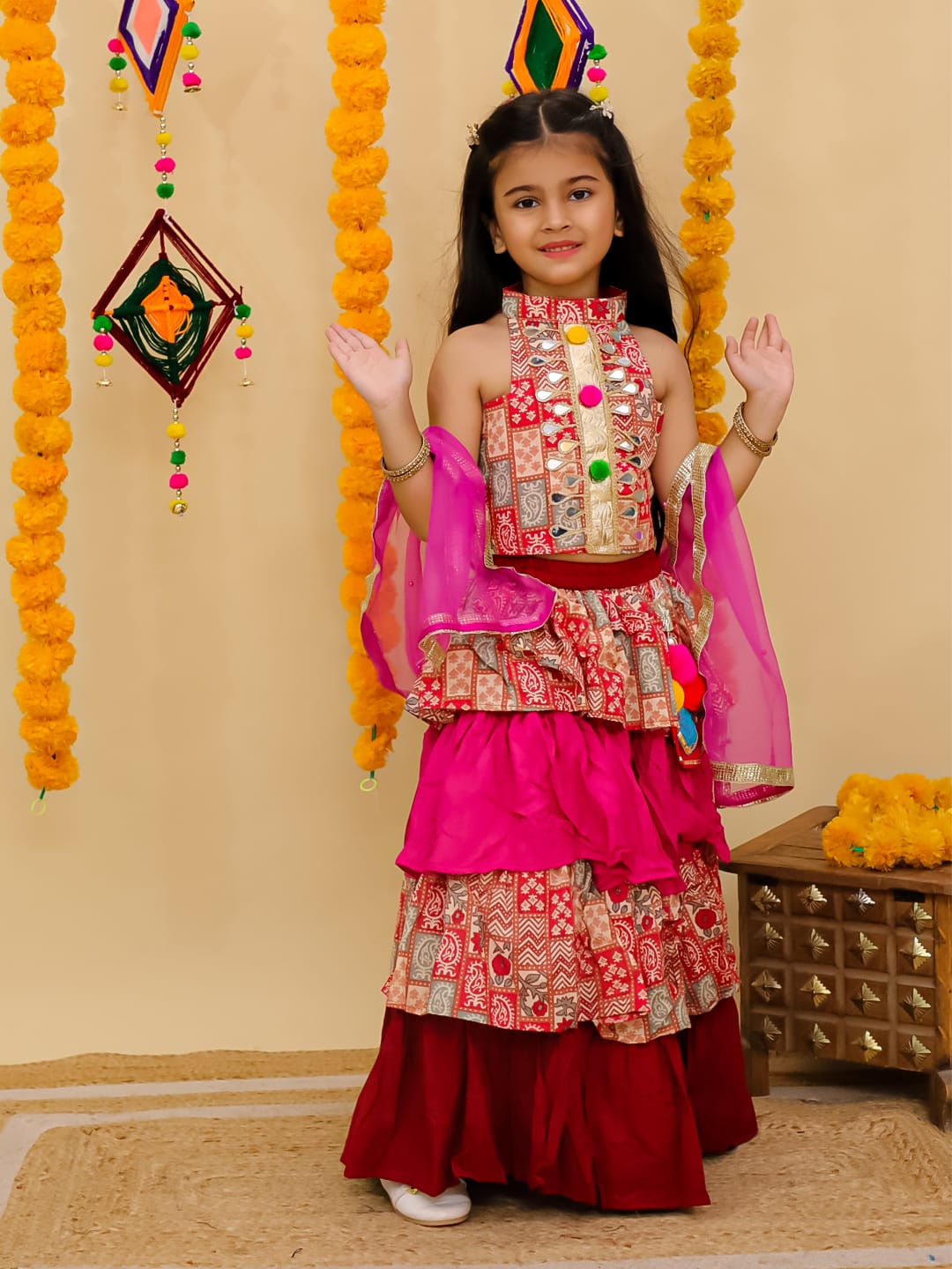 Halter neck mirror lesses gota lesses blouse with four &nbsp;layer lehenga with chunni Fabric.. Cotton n reyon lining attach