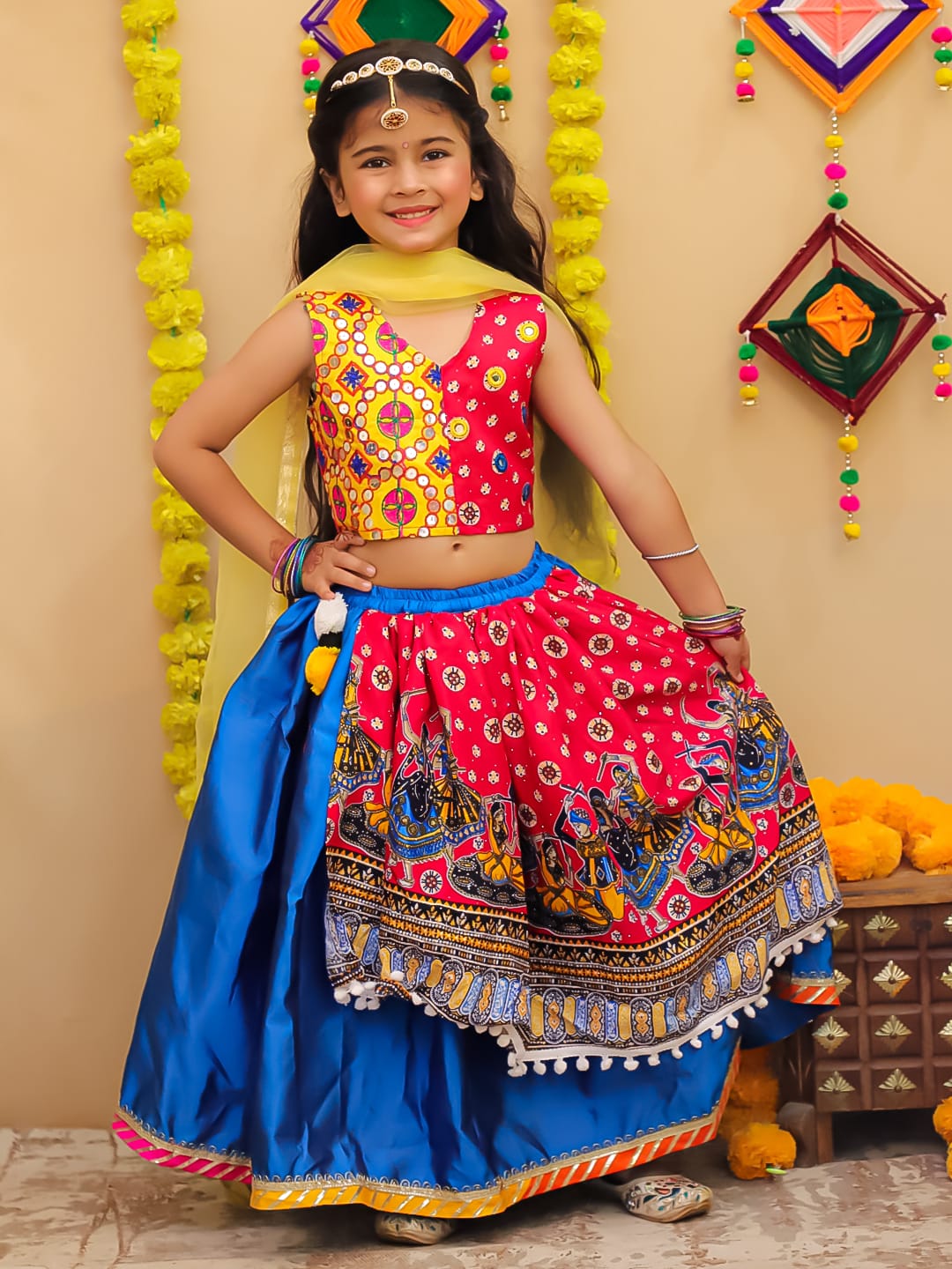 eEmbroidered double print top with one side high low &nbsp;tapeta silk lehenga and net dupatta