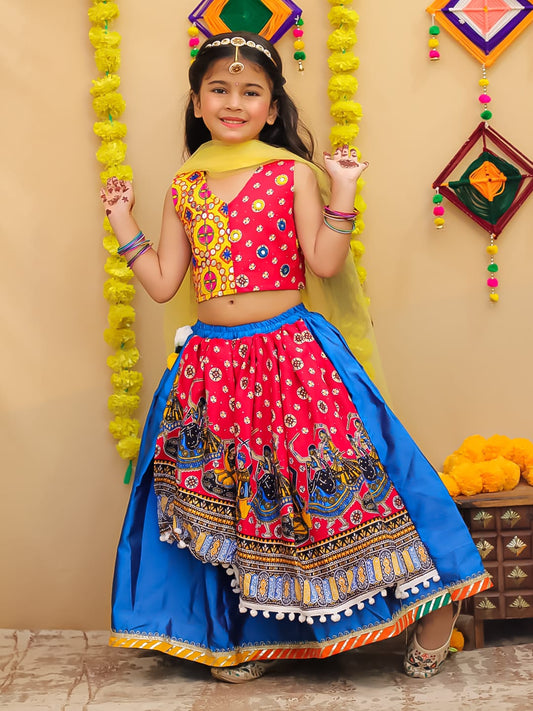 eEmbroidered double print top with one side high low &nbsp;tapeta silk lehenga and net dupatta